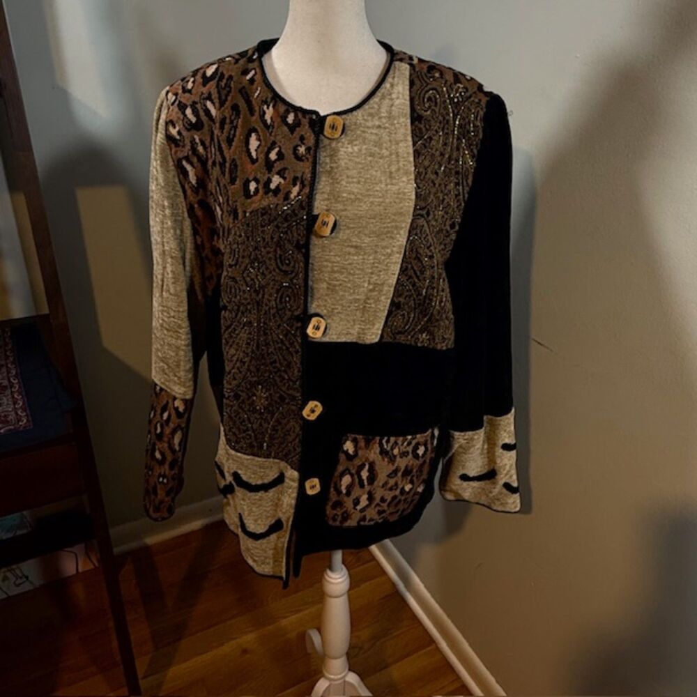 Vintage Indigo Moon Patchwork Leopard Cardigan L … - image 1